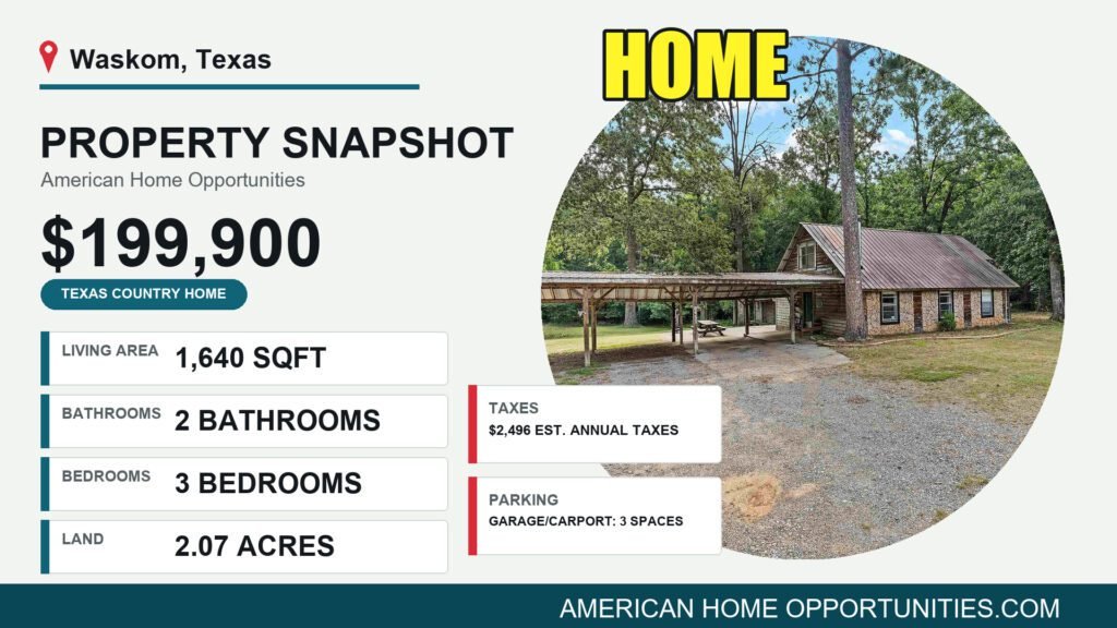 Price card for a cheap log home with land for sale in Waskom, Texas — $199,900, 2.07 acres