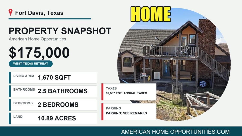 Price card for a cheap mountain home with land for sale in Fort Davis, Texas — $175,000, 10.89 acres