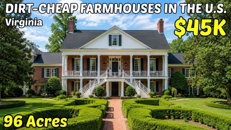 Digital illustration of a rural Virginia farmhouse, cover image for "10 Dirt Cheap Farmhouses in Virginia With Land" Título: 10 Dirt Cheap Farmhouses in Virginia With Land — Cover Image