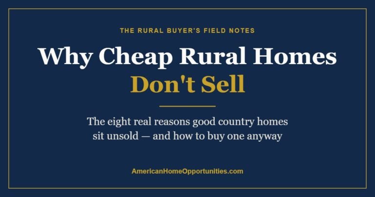 Navy and gold graphic reading Why Cheap Rural Homes Don't Sell, the eight real reasons good country homes sit unsold
