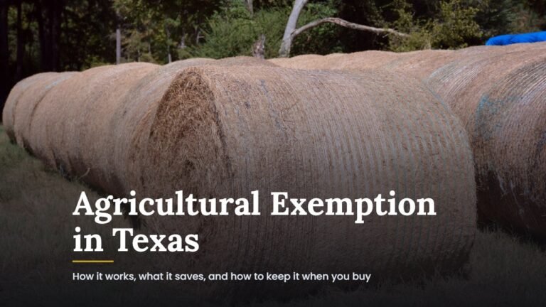 Round hay bales on a farm in Mixon, East Texas, with the title Agricultural Exemption in Texas