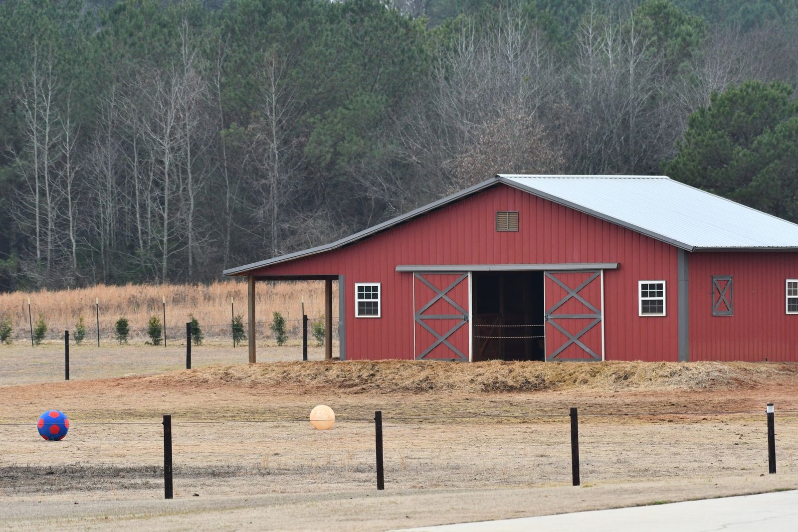 Red metal pole barn with a white roof on dormant winter pasture backed by pine woods near Decatur, Alabama