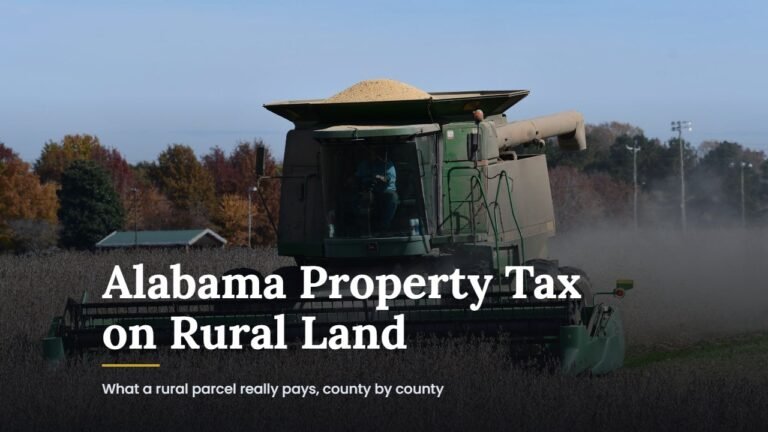 Guide to the Alabama property tax rate on rural land, a combine harvesting soybeans near Decatur, Alabama