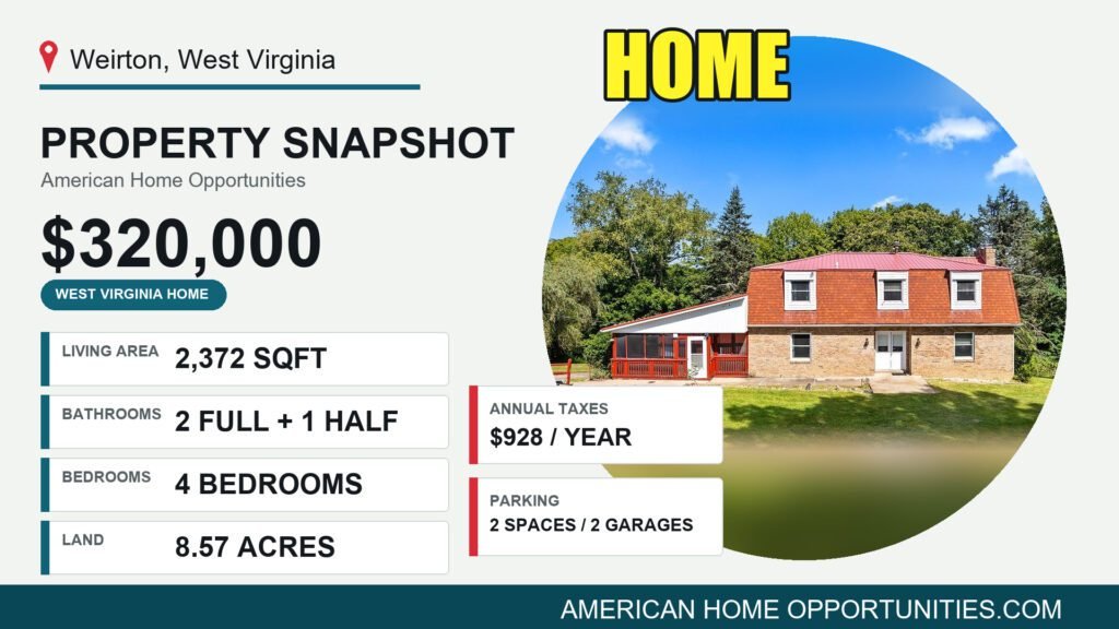 Price card for a cheap brick farmhouse with land for sale in Weirton, West Virginia — $320,000, 8.57 acres