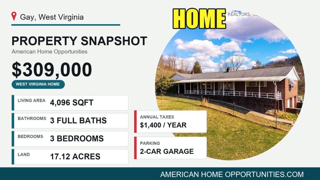 Price card for a cheap farmhouse with land for sale in Gay, West Virginia — $309,000, 17.12 acres