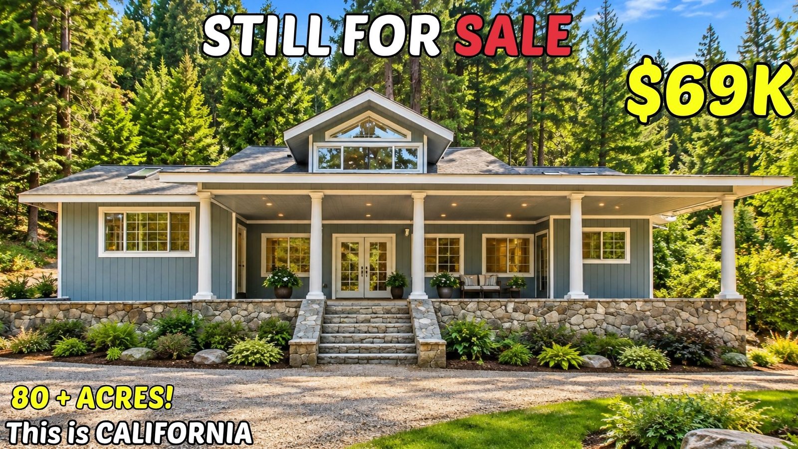 Digital illustration of a Northern California mountain home, cover image for "Cabins for Sale in Northern California: 10 Still Available, and Why"