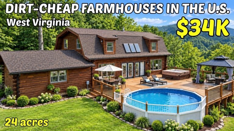 Digital illustration of a rural West Virginia log farmhouse, cover image for "Cheap Houses in West Virginia: 10 Real Homes With Land, From $350,000 Down to $34,700"