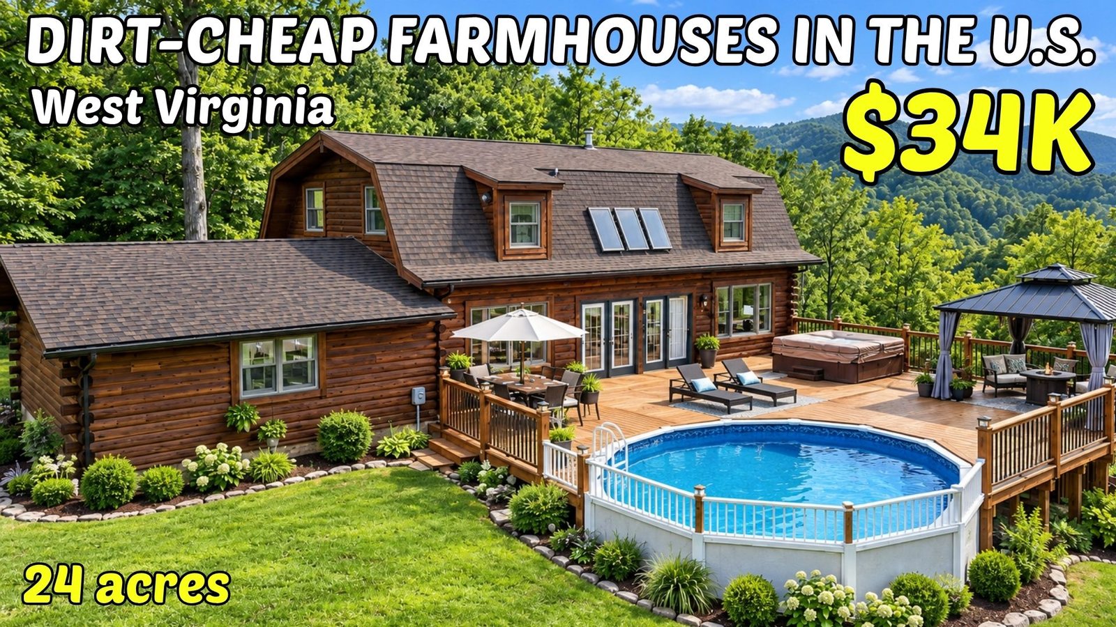 Digital illustration of a rural West Virginia log farmhouse, cover image for "Cheap Houses in West Virginia: 10 Real Homes With Land, From $350,000 Down to $34,700"