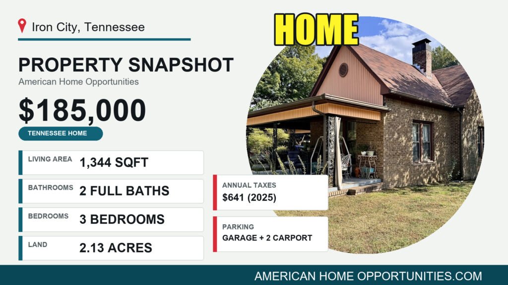 Price card for a cheap home with land for sale in Iron City, Tennessee — $185,000, 2.13 acres
