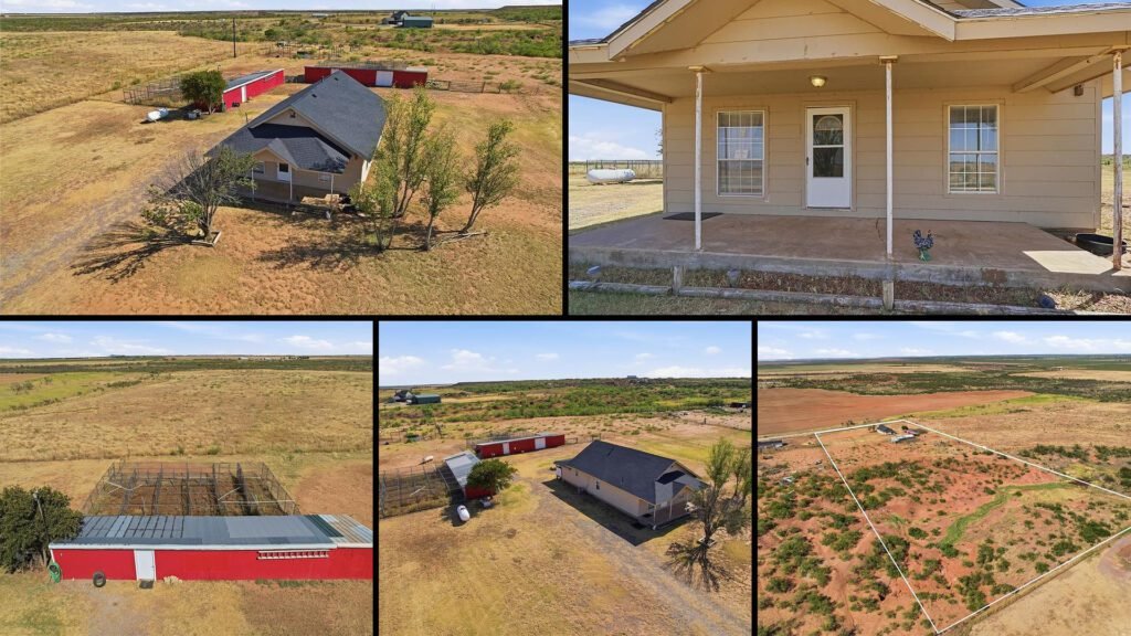 Exterior and land collage of a cheap farmhouse on 5 acres for sale in Olustee, Oklahoma