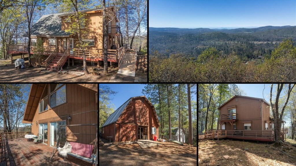 Exterior and land collage of a cheap foothill home on 9.33 acres for sale in Dobbins, California