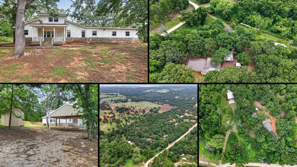 Exterior and land collage of a cheap farmhouse on 5 acres for sale in Wellston, Oklahoma