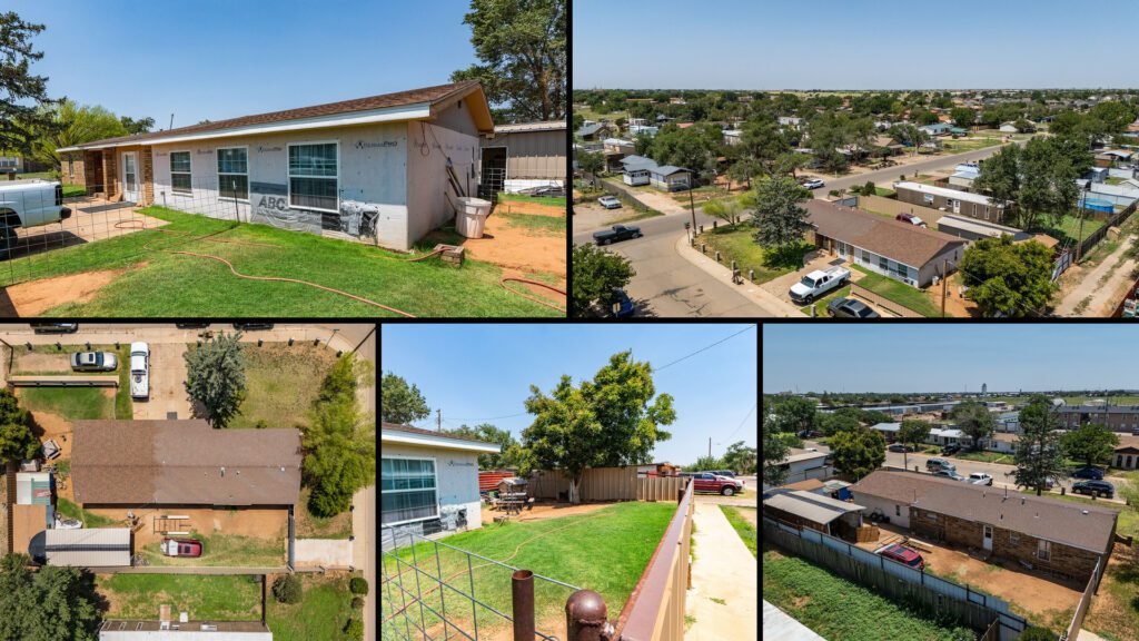 Exterior and land collage of a cheap brick home with land on 0.54 acres for sale in Clovis, New Mexico