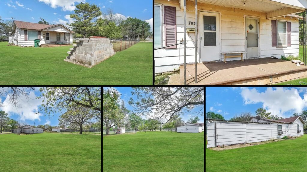 Exterior and land collage of a cheap farmhouse on 0.26 acres for sale in Mangum, Oklahoma