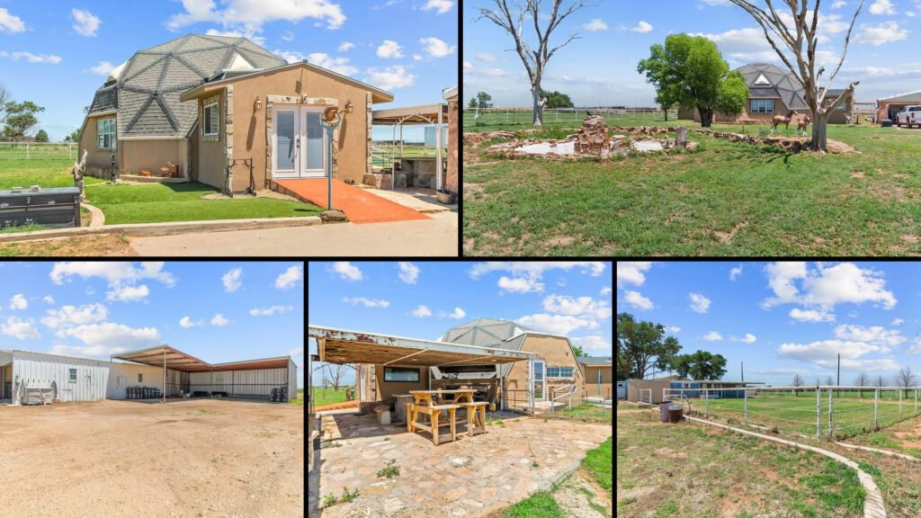 Exterior and land collage of a cheap farmhouse with land on 4.93 acres for sale in Clovis, New Mexico
