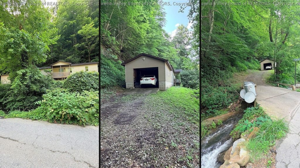 Exterior and land collage of a cheap home on 5.52 acres for sale in Verdunville, West Virginia