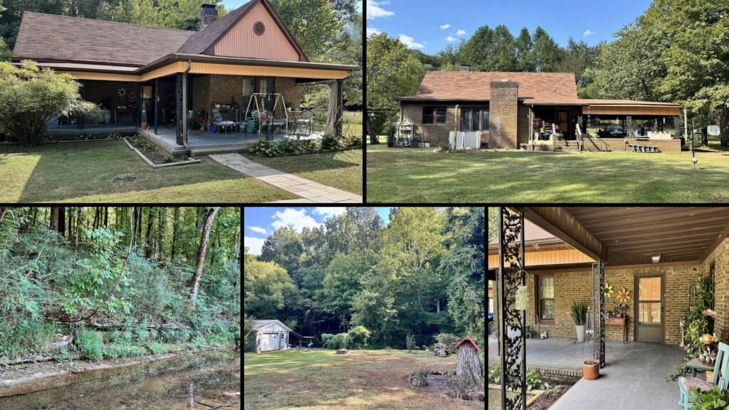 Exterior and land collage of a cheap home on 2.13 acres for sale in Iron City, Tennessee
