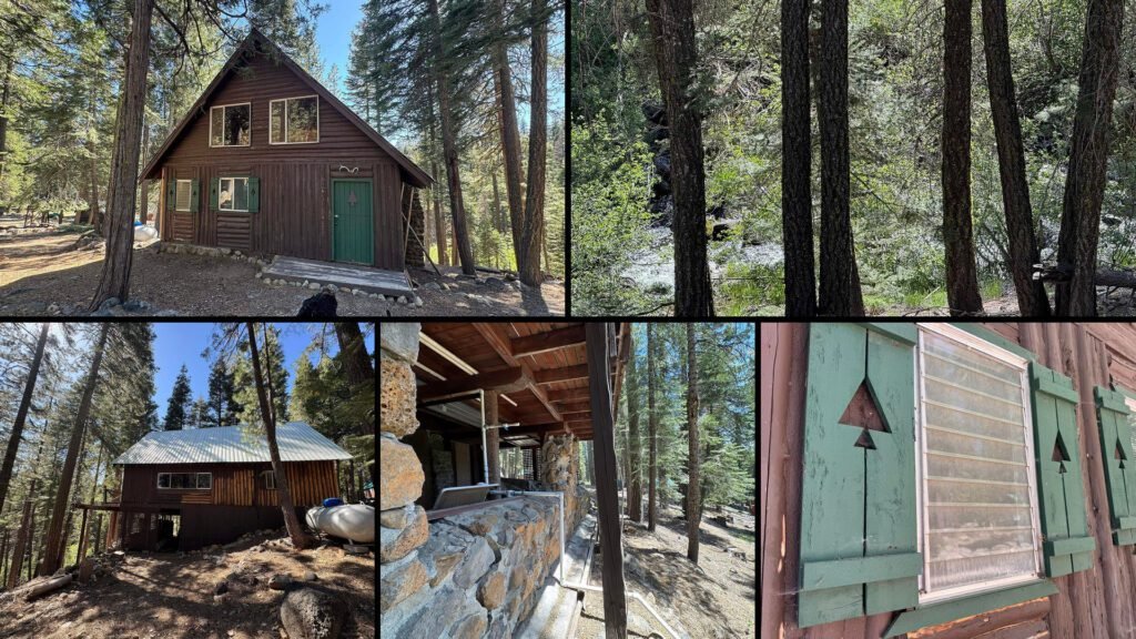 Exterior and land collage of a cheap creekside cabin for sale in Chester, California — $69,000