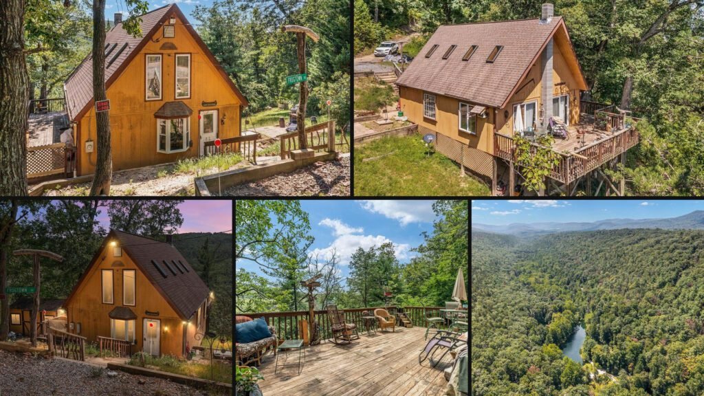 Exterior and land collage of a cheap mountain cabin on 5 acres for sale in Capon Bridge, West Virginia