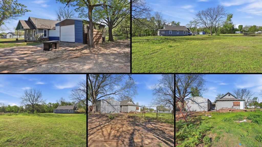 Exterior and land collage of a cheap farmhouse on 1.3 acres for sale in Cushing, Oklahoma