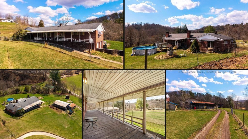 Exterior and land collage of a cheap farmhouse on 17.12 acres for sale in Gay, West Virginia