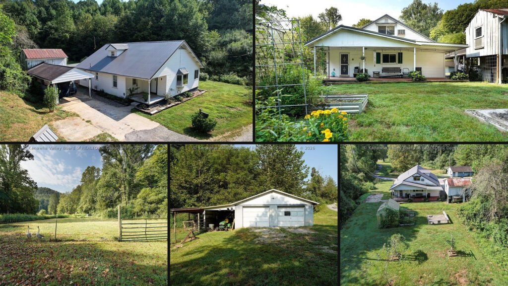 Exterior and land collage of a cheap farmhouse on 8.4 acres for sale in Charleston, West Virginia