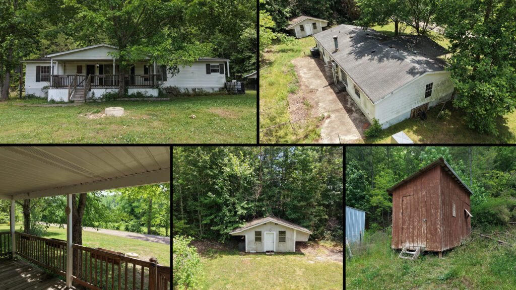 Exterior and land collage of a cheap home on 4.01 acres for sale in Collinwood, Tennessee