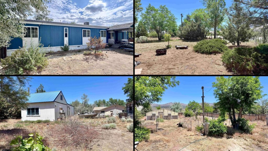 Exterior and land collage of a cheap manufactured home on 2.52 acres for sale in Doyle, California
