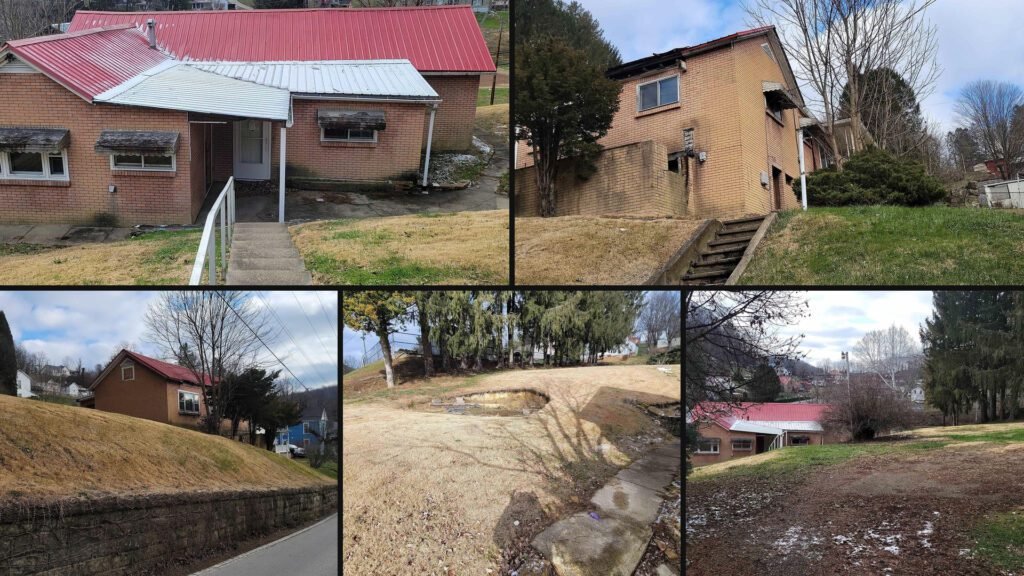 Exterior and land collage of a cheap brick ranch on 0.35 acres for sale in Farmington, West Virginia