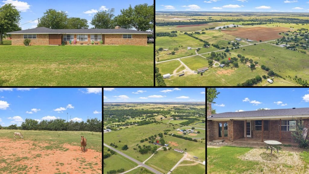 Exterior and land collage of a cheap farmhouse on 5 acres for sale in Ringling, Oklahoma