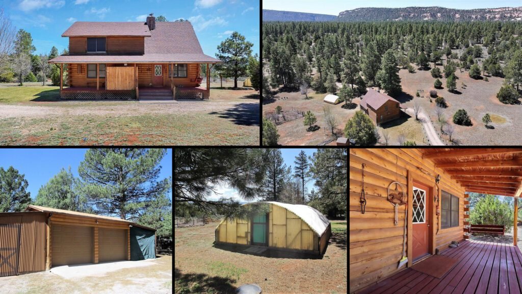 Exterior and land collage of a cheap farmhouse with land on 5 acres for sale in Ramah, New Mexico