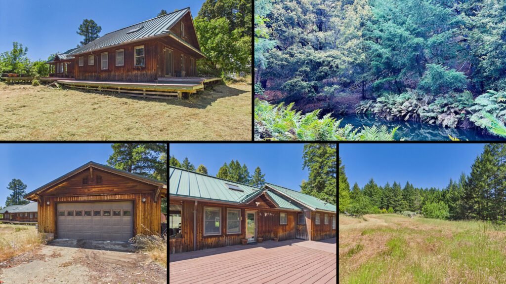 Exterior and land collage of a cheap ridge home on 84.3 acres for sale in Garberville, California