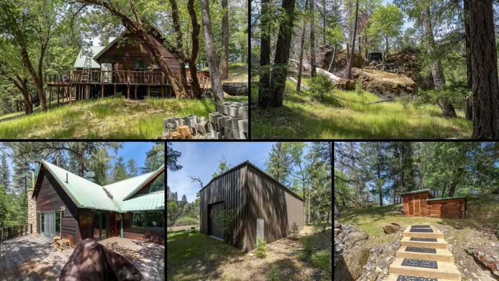 Exterior and land collage of a cheap creekside cabin on 5.55 acres for sale in Potter Valley, California