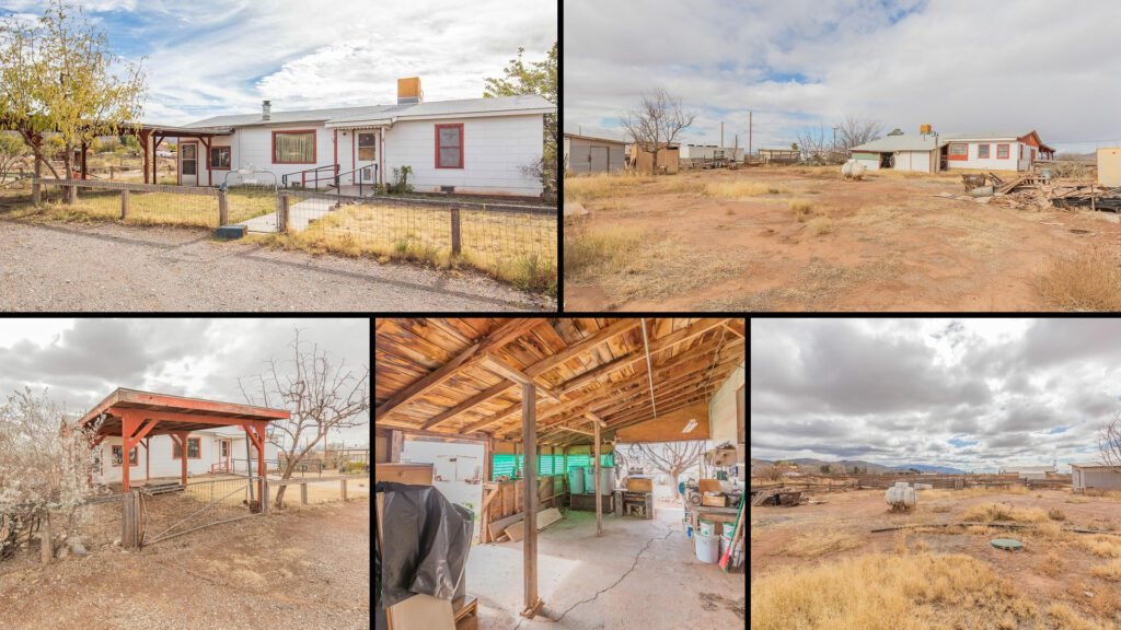 Exterior and land collage of a cheap farmhouse with land on 1.38 acres for sale in La Luz, New Mexico