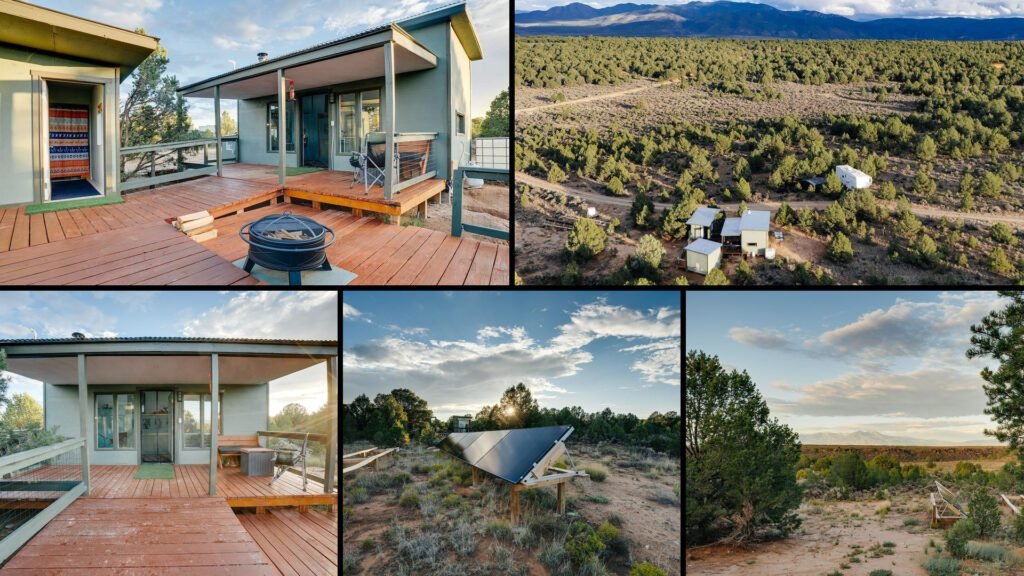 Exterior and land collage of a cheap off-grid homestead with land on 7.17 acres for sale in Carson, New Mexico