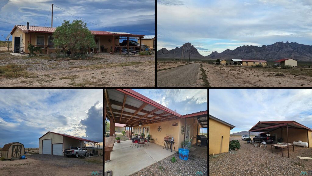 Exterior and land collage of a cheap farmhouse with land on 2 acres for sale in Deming, New Mexico