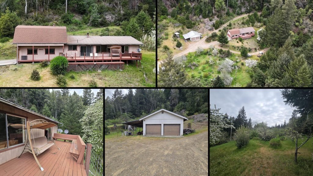 Exterior and land collage of a cheap farmhouse on 20.24 acres for sale in Myers Flat, California