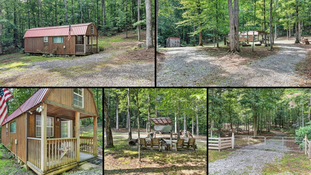 Exterior and land collage of a cheap cabin on 6.25 acres for sale in Crawford, Tennessee
