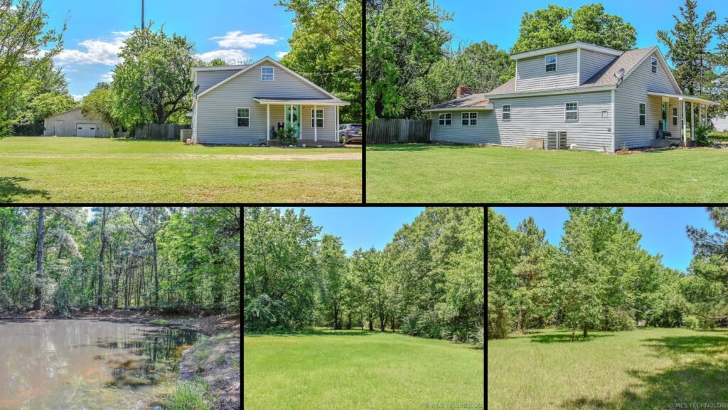 Exterior and land collage of a cheap farmhouse on 5 acres for sale in Hugo, Oklahoma