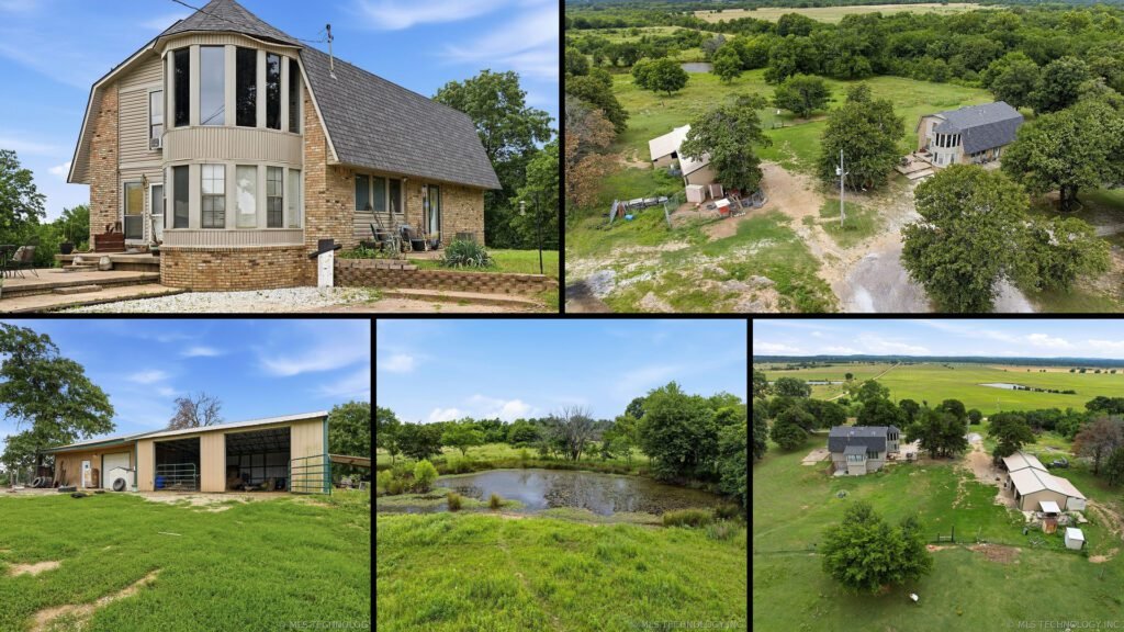Exterior and land collage of a cheap farmhouse on 25.2 acres for sale in Webbers Falls, Oklahoma