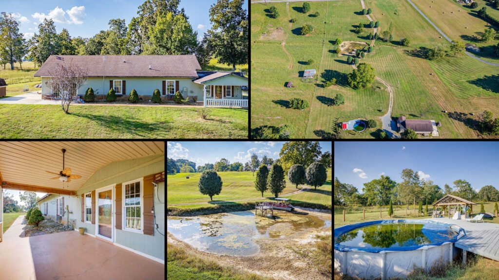 Exterior and land collage of a cheap home on 5.27 acres for sale in Johnson City, Tennessee
