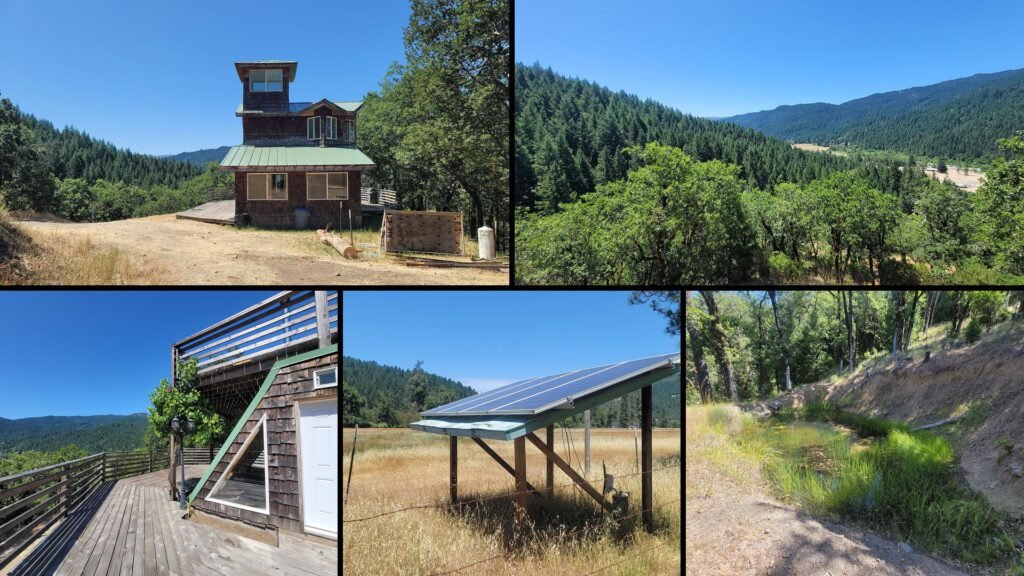 Exterior and land collage of a cheap solar home on 52.22 acres for sale in Mad River, California