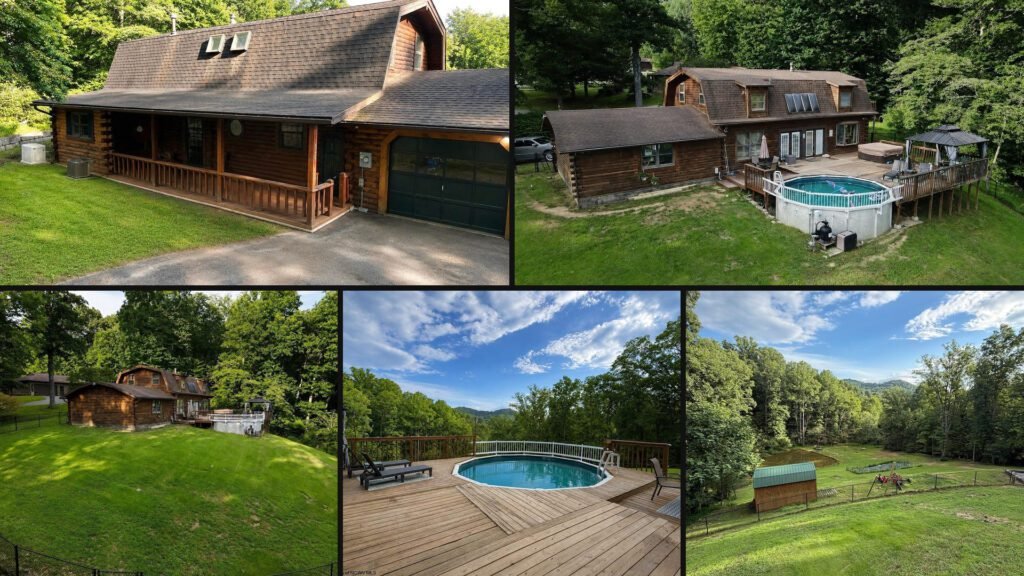 Exterior and land collage of a cheap log home on 6.97 acres for sale in Jane Lew, West Virginia