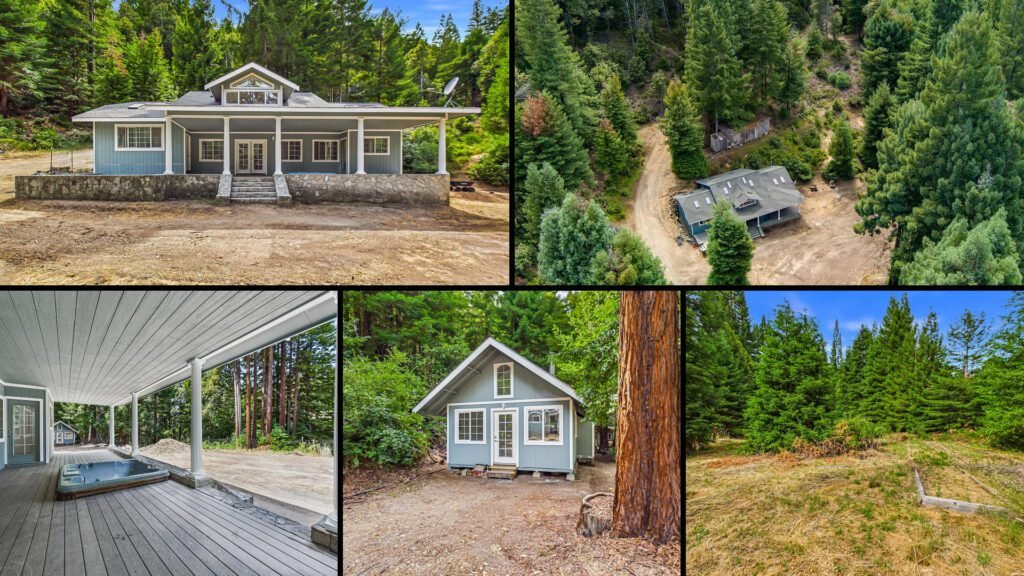 Exterior and land collage of a cheap redwood home on 26 acres for sale in Garberville, California
