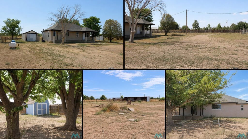Exterior and land collage of a cheap farmhouse with land on 5.32 acres for sale in Roswell, New Mexico