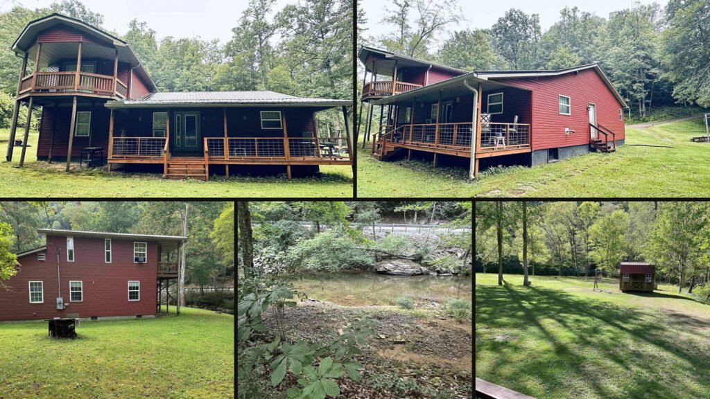 Exterior and land collage of a cheap riverfront farmhouse on 8 acres for sale in Diana, West Virginia