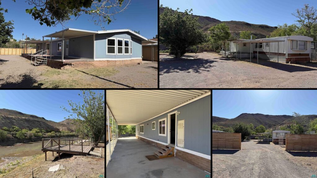 Exterior and land collage of a cheap riverfront property with land on 1 acres for sale in Truth or Consequences, New Mexico