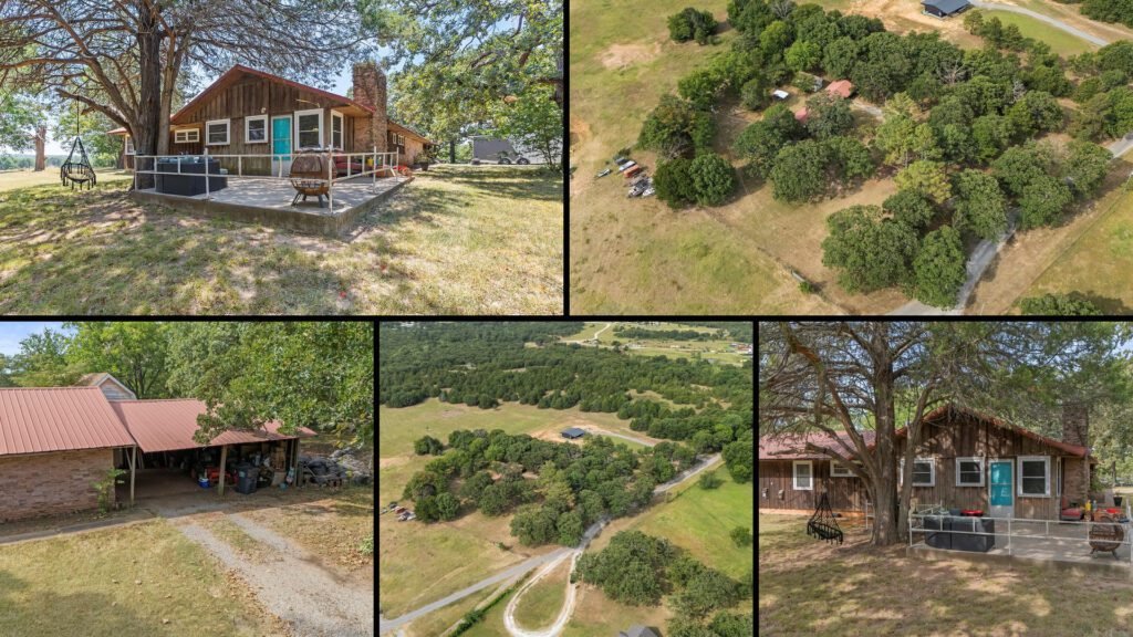 Exterior and land collage of a cheap farmhouse on 3.15 acres for sale in Ada, Oklahoma