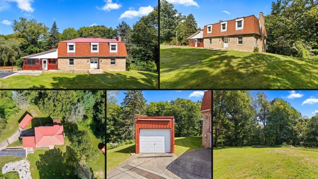 Exterior and land collage of a cheap brick farmhouse on 8.57 acres for sale in Weirton, West Virginia
