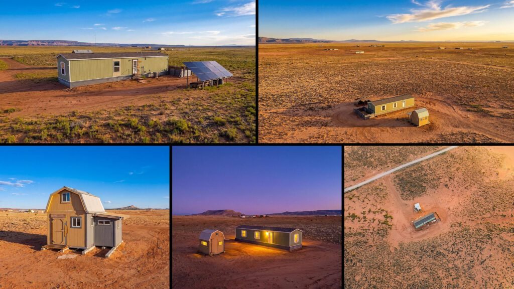 Exterior and land collage of a cheap farmhouse with land on 1.03 acres for sale in Laguna, New Mexico